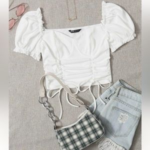 Qutie puff sleeve drawstring knot front top